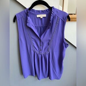 NWOT LOFT Women's Purple Sleeveless Blouse with Ruffle Neckline, Cotton Back, M